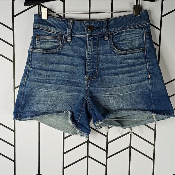 AEO Jean Shorts Hi Rise Shortie Frayed Hem High Waist Stretch Denim Medium Wash - Picture 1 of 7